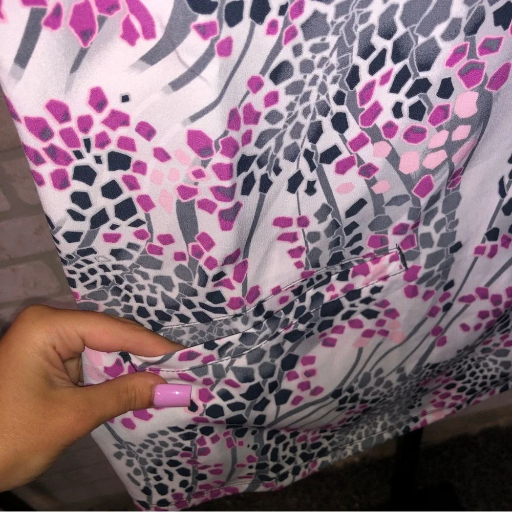 Healing Hands Purple Label Two Button Jewel Neck purple patterned scrub top - Picture 4 of 6